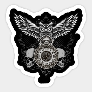 Owl With Clock Skull Time Steampunk Illustration Sticker